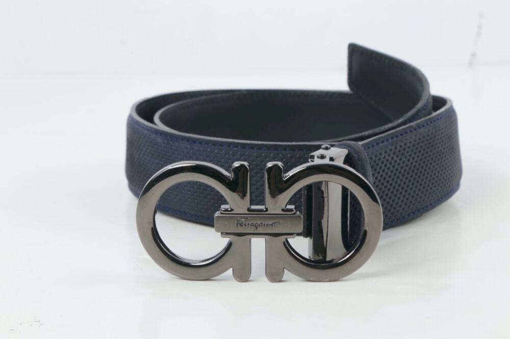 Salvatore Ferragamo Belt 120 Navy Blue Perforated Leather Gunmetal Gancini Luxe